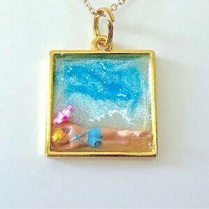 3D Blue and Gold Beach Swimmer Pendant Necklace Handmade Ocean / Beach Scene